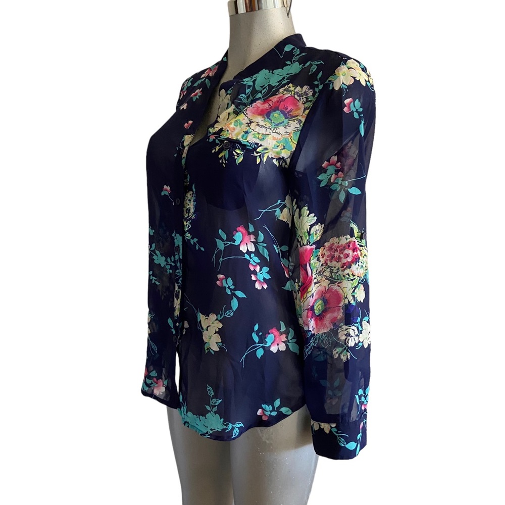 Kut Floral Sheer Shirt Bohemian Lightweight Roll-Up Slv Dark Cottagecore Small